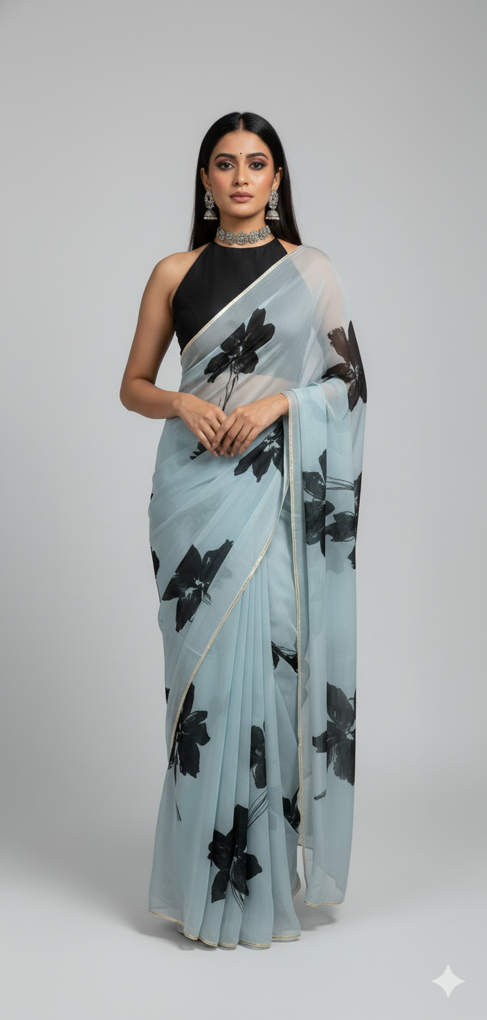 black hand printed saree